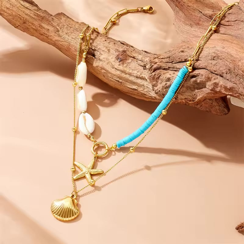 Sea shell starfish Turquoise Bilayer Necklace