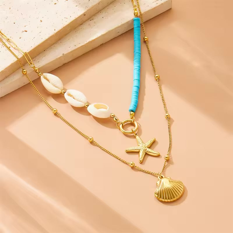 Sea shell starfish Turquoise Bilayer Necklace