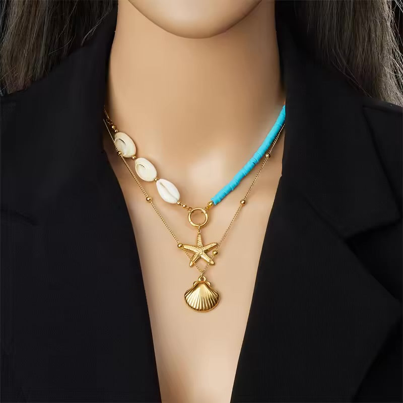 Sea shell starfish Turquoise Bilayer Necklace